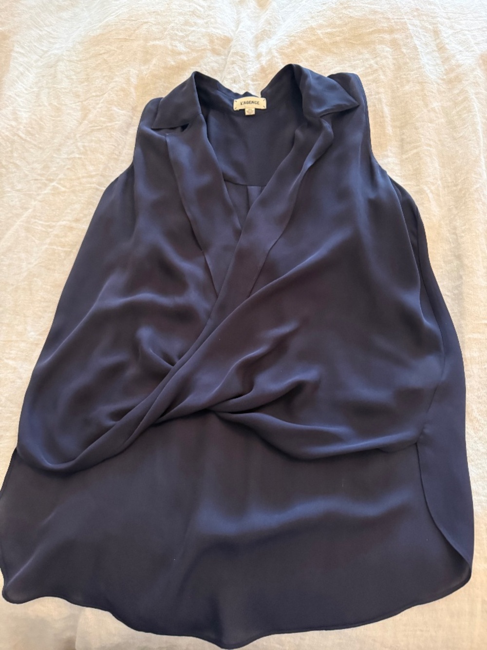 L’AGENCE Freja Navy 100% Silk Draped Wrap Blouse Size M